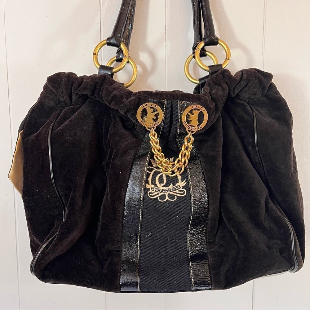 JUICY COUTURE Brown Velour Black Patent Leather DAYDREAMER Bag Handbag Purse